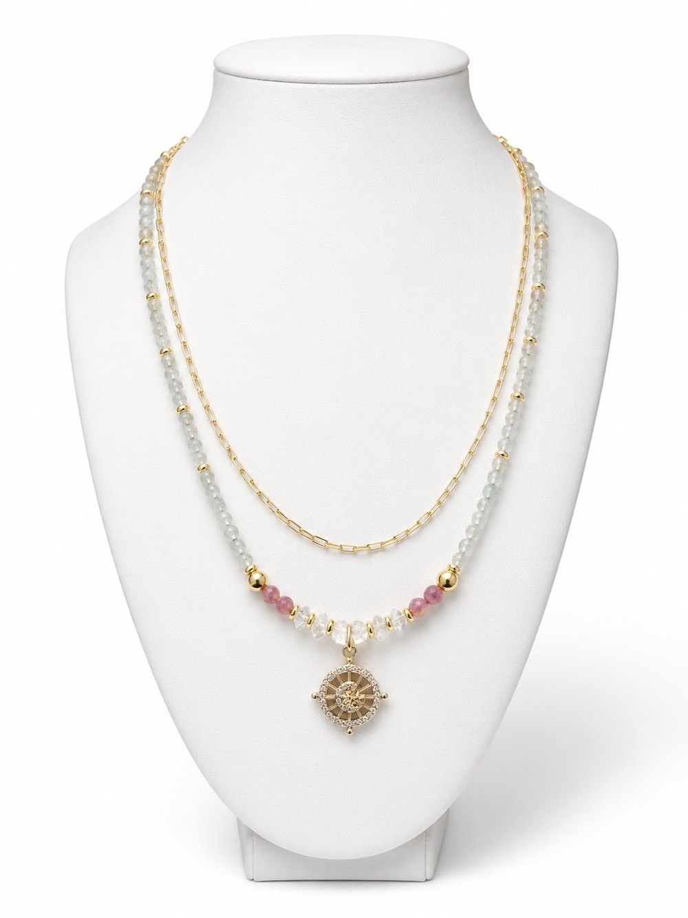Handmade Aquamarine, Pink Tourmaline, and Herkimer Diamond Necklace